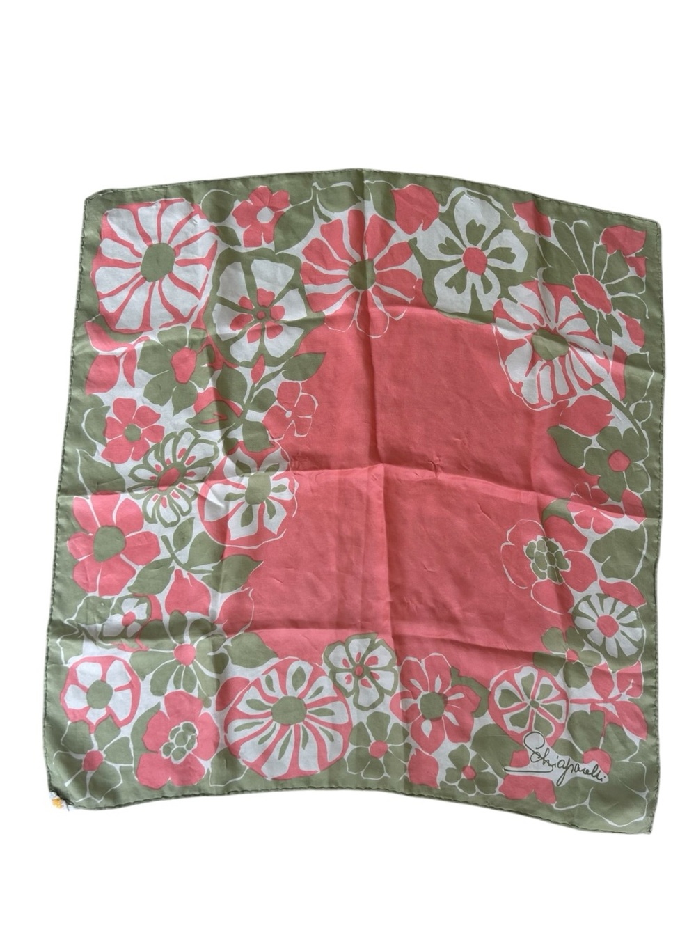 VTG Schiaparelli Silk Scarf Hand Rolled Floral Green Peach Japan 26 x 26" READ